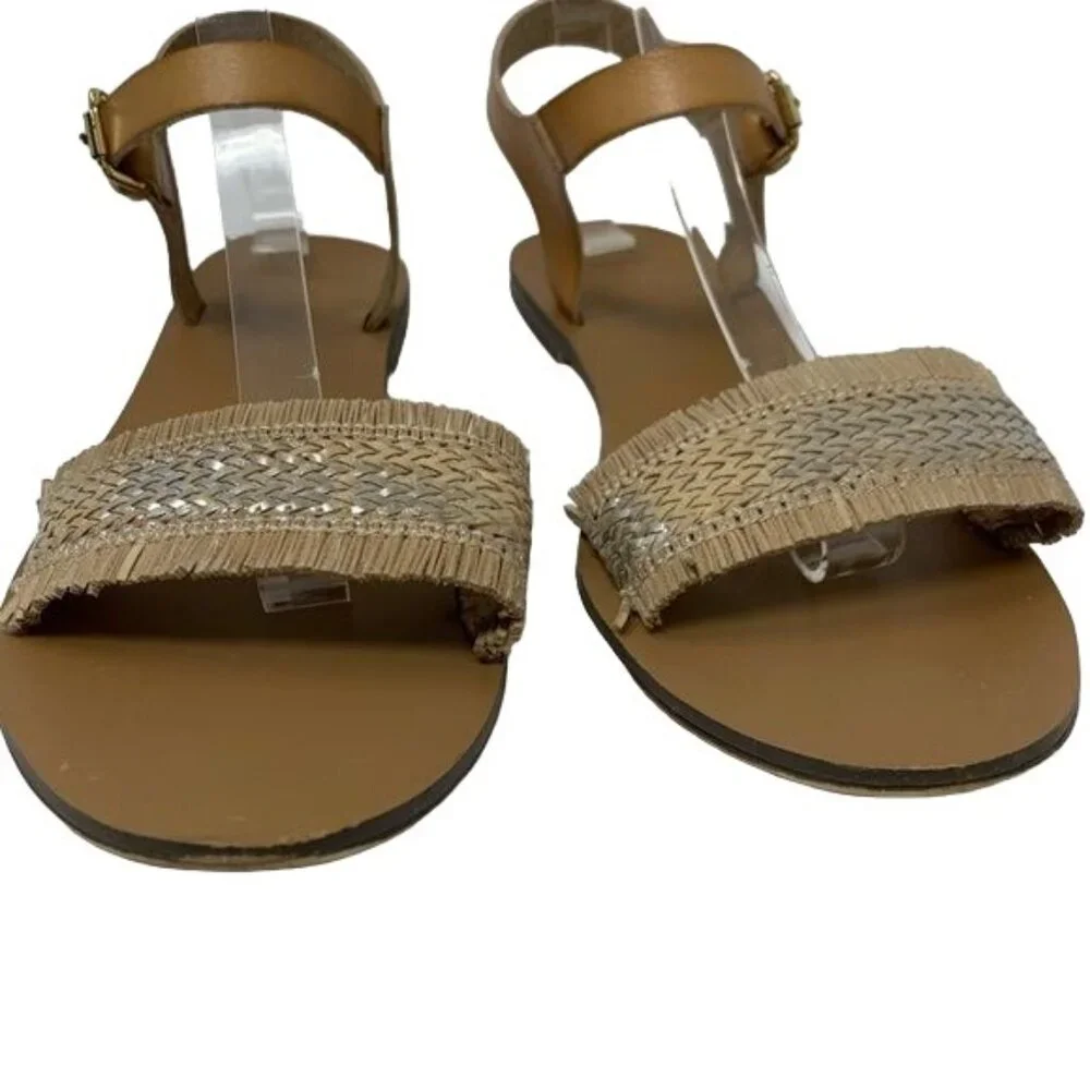 J. Crew Factory Raffia Ankle Strap Sandal Size 10 Boho Metallic Silver Tan Woven